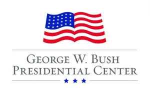 Logo of the George W. Bush Presidential Center featuring a stylized American flag above the center’s name and three blue stars underneath.