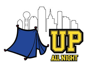 Illustration of a blue tent in front of a city skyline outline, with the words 