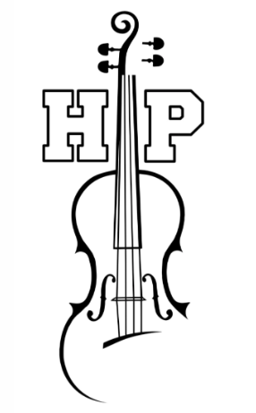 Line drawing of a string instrument, possibly a violin, with the bold letters 