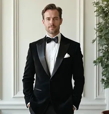 A man in a black tuxedo with a bow tie stands in front of a white paneled wall, hands in pockets, with a plant on the right side.