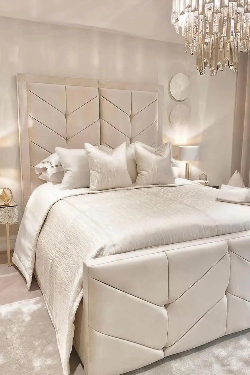 A modern bedroom with a large bed featuring a geometric upholstered headboard and footboard, white bedding, decorative pillows, and a crystal chandelier overhead.