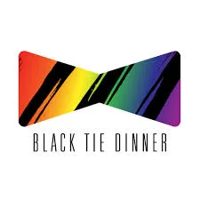 A bow tie graphic with a rainbow gradient and black streaks above the words 