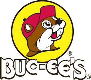 Buc-ee's logo featuring a cartoon beaver wearing a red hat inside a yellow circle, with the name 