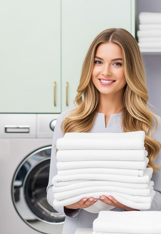 A woman stands in a laundry room, smiling and holding a neatly folded stack of white towels in front of a washing machine.