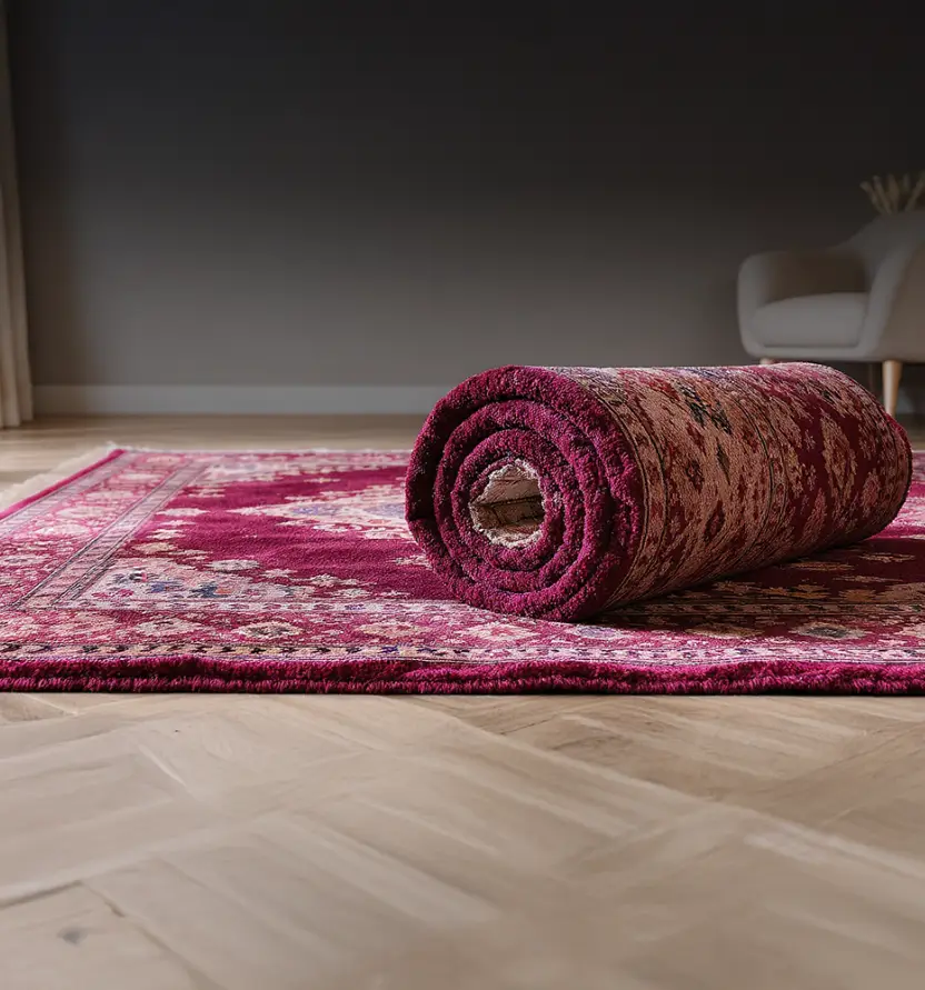 A patterned red and pink rug partially rolled up on a wooden floor, with a white chair and a neutral wall in the background.