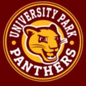 Logo for University Park Panthers featuring a stylized panther head in the center, surrounded by the school name on a circular maroon and gold background.