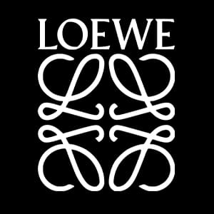 LOEWE logo with the brand name above an ornate, symmetrical design of four interlocking Ls on a black background.