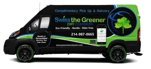 A black van with green and blue accents, advertising Swiss the Greener Dry Cleaners, displaying eco-friendly services, contact number, and website.