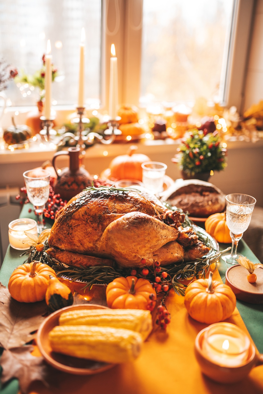 A roasted turkey garnished with herbs sits on a festive table surrounded by pumpkins, corn, candles, and glassware, with autumn decorations and candles in the background.
