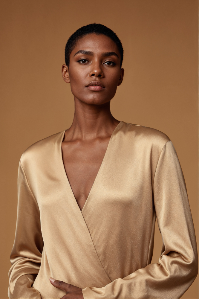 A woman with short hair wears a gold satin wrap dress, standing against a plain beige background, facing the camera with a neutral expression.